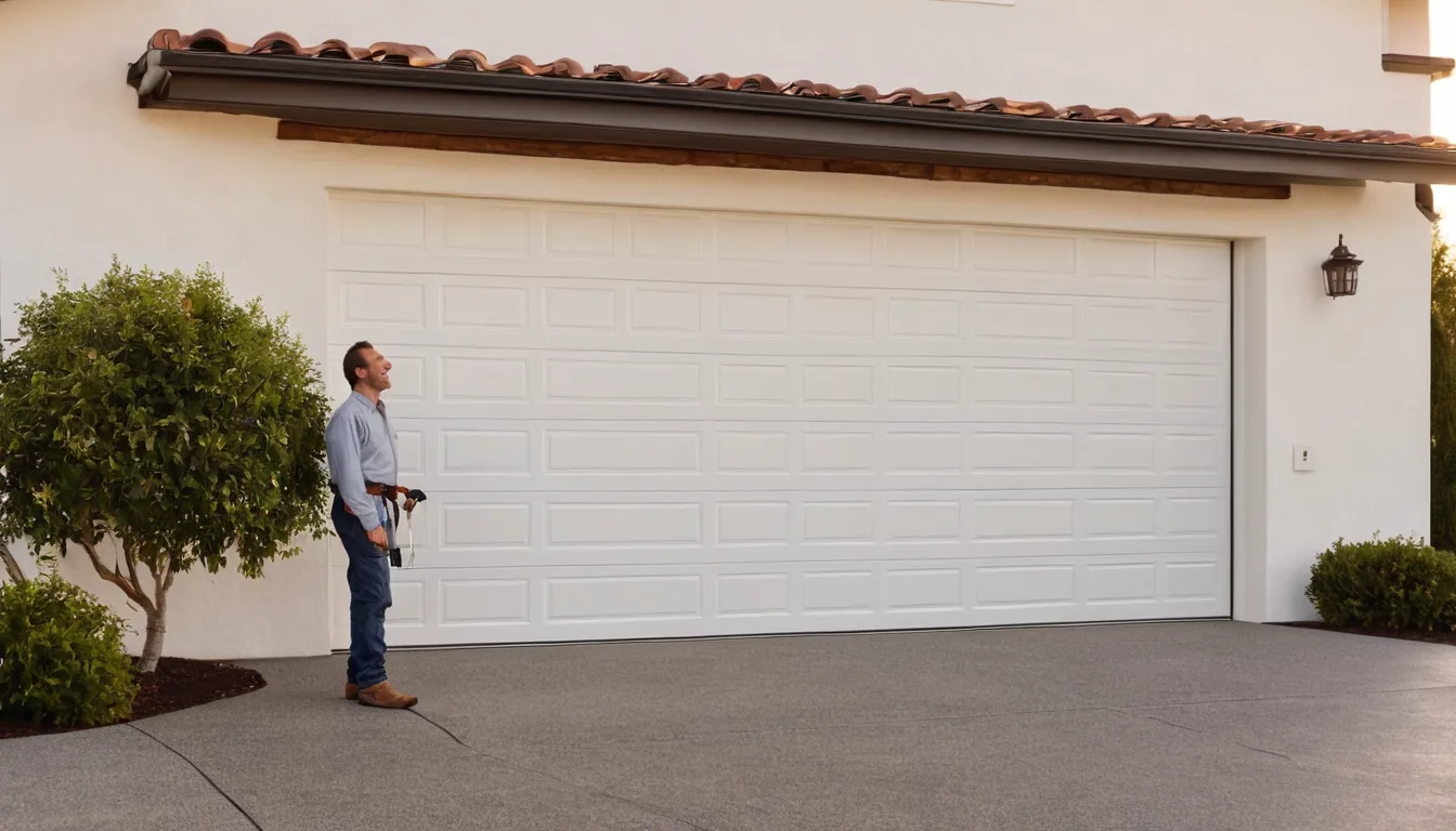A friendly provider finishing a new garage door installation on a stucco home in West Covina while a homeowner looks on